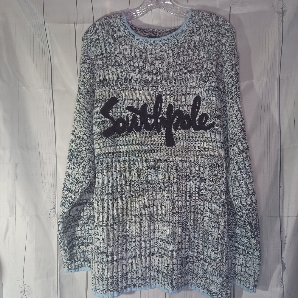 Southpole Vintage Y2K Knit Sweater Mens Size Medium Blue Big Front Logo Casual